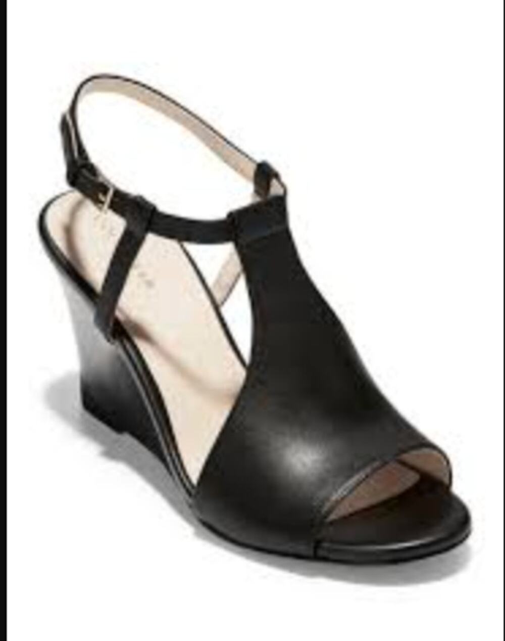 Cole Haan Maddie Open Toe Wedge Leather Shoes Sandals Black 9.5